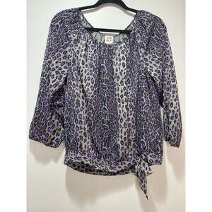 Anne Klein Women Size M Purple Animal Print Pullover Blouse Fairy Witchy Tie Hem